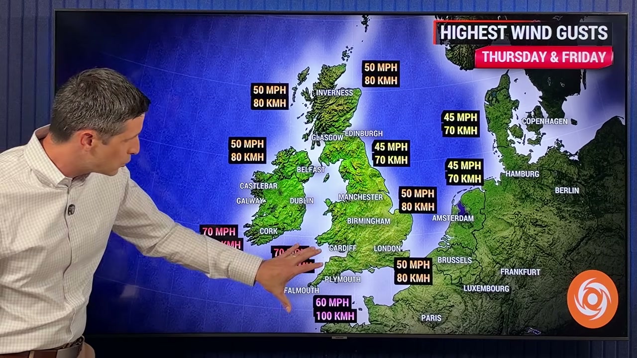 Forecast map of highest wind gusts, Thursday and Friday