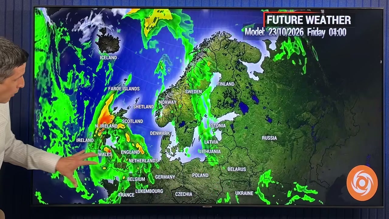 Forecast rain map of Europe on a TV screen