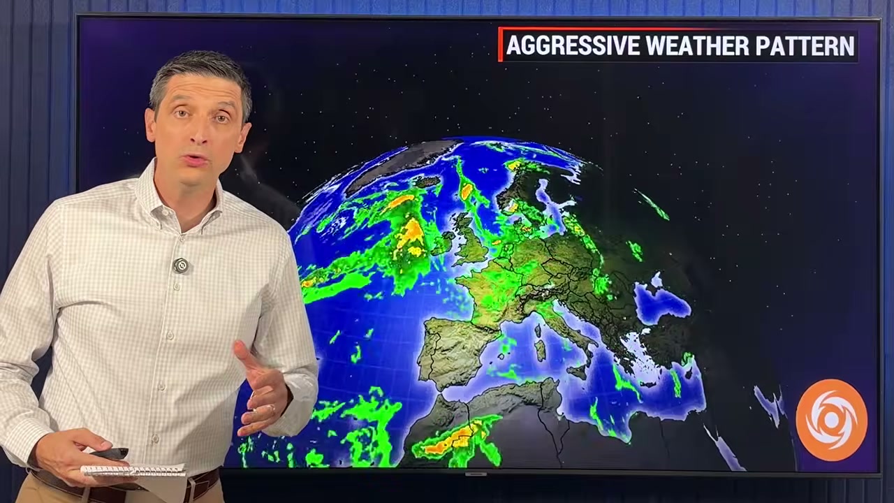 Weather presenter in front of Europe radar map