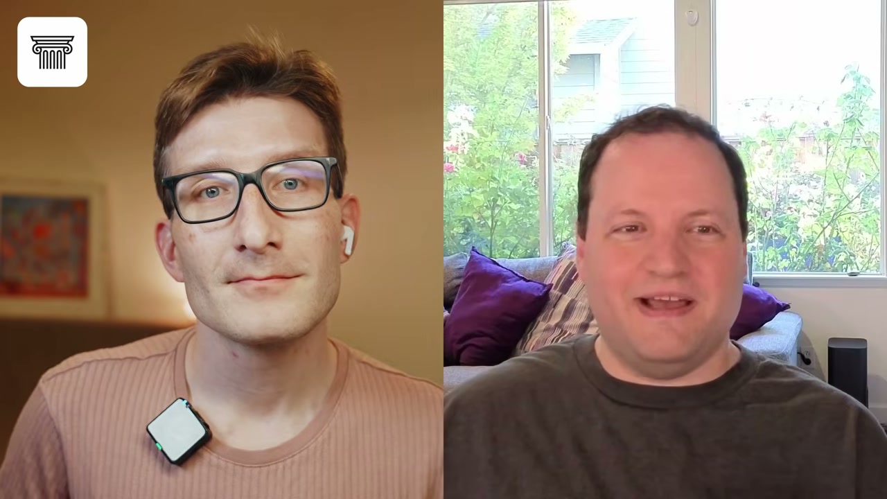 Split-screen video interview of two men