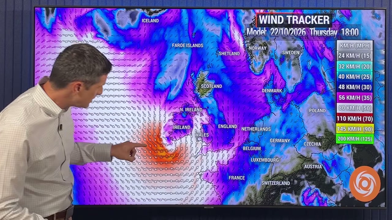 Wind Tracker forecast map of northwest Europe with presenter