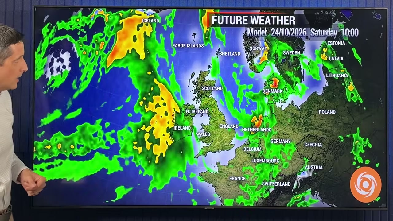 Forecast rain radar map of northwest Europe, 24 Oct 2026