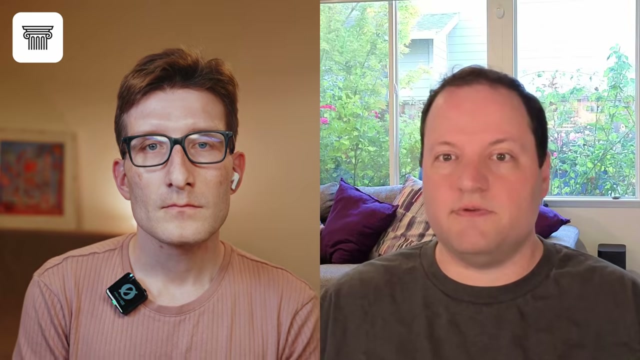 Split-screen video call between two men