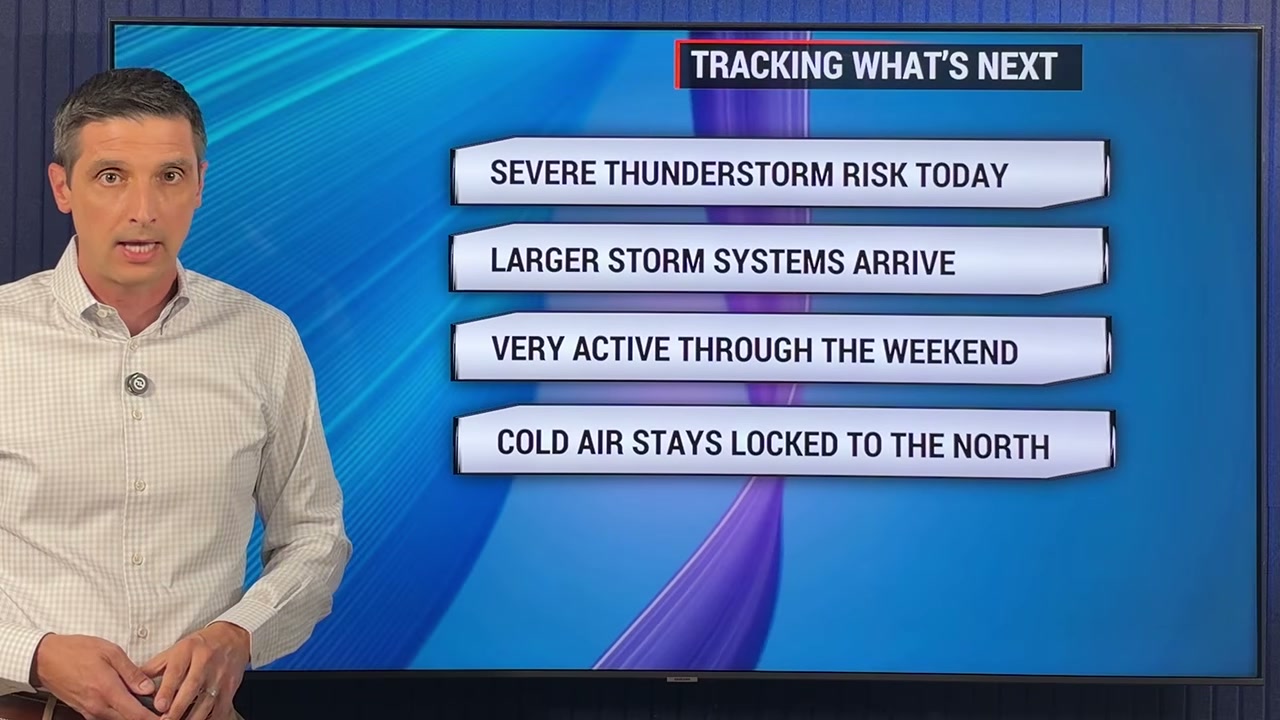 Weather broadcast slide: "Tracking What's Next" storm outlook