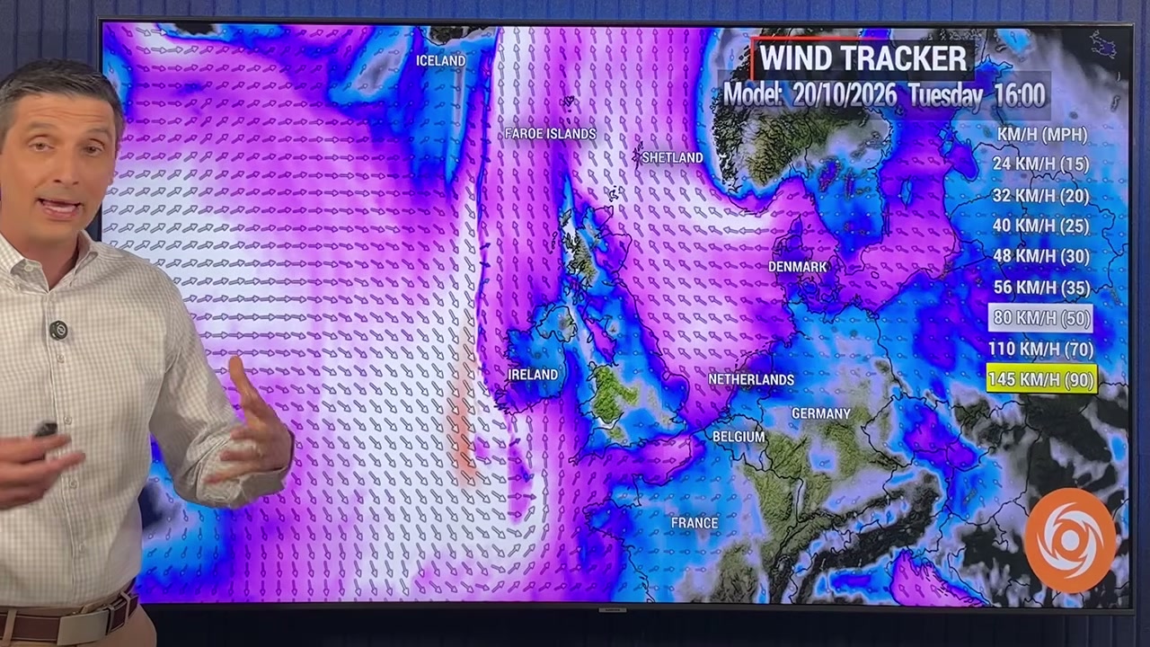 Wind Tracker forecast map of northwest Europe with presenter